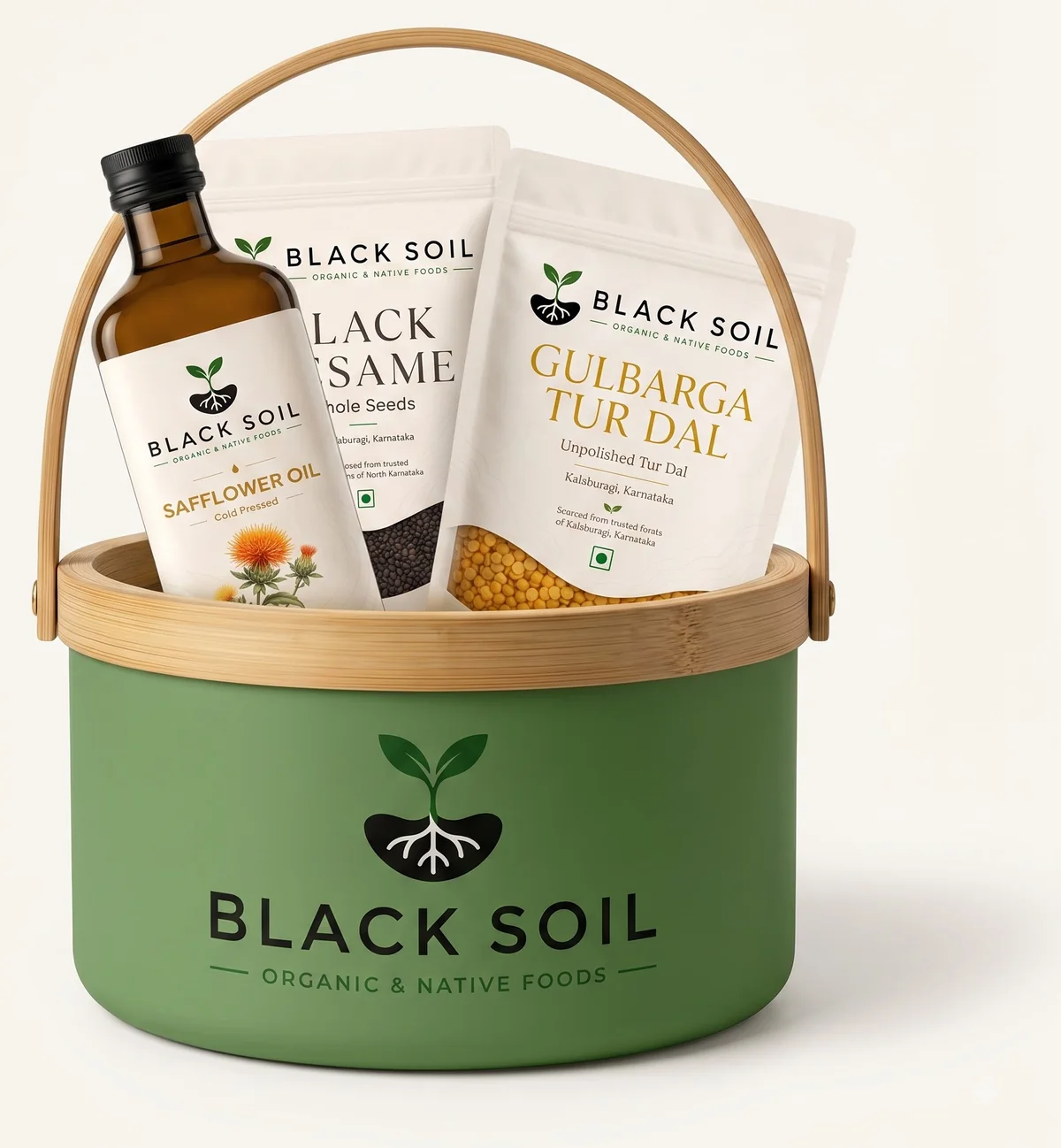 A Black Soil basket holding cold-pressed safflower oil, black sesame and Gulbarga tur dal